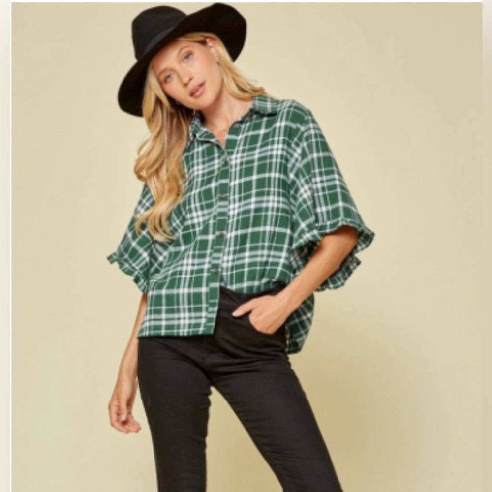 Andree By Unit - Green Plaid Button-Up Shirt - Women's Relaxed Fit